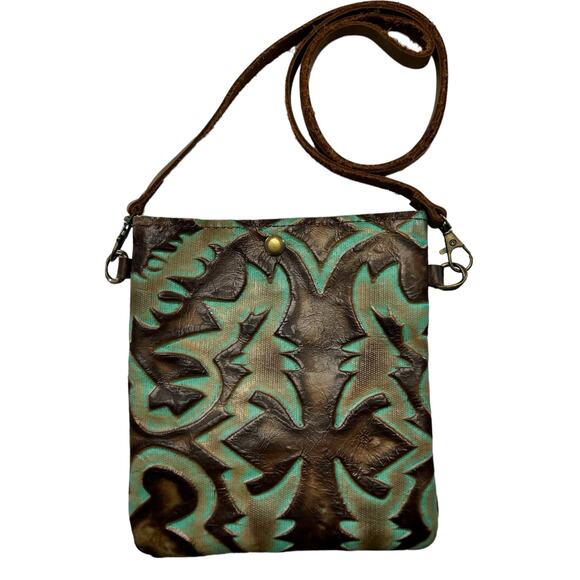 Handmade Laredo Burnt Turquoise Leather Western crossbody Purse Embossed Design - Picture 1 of 14